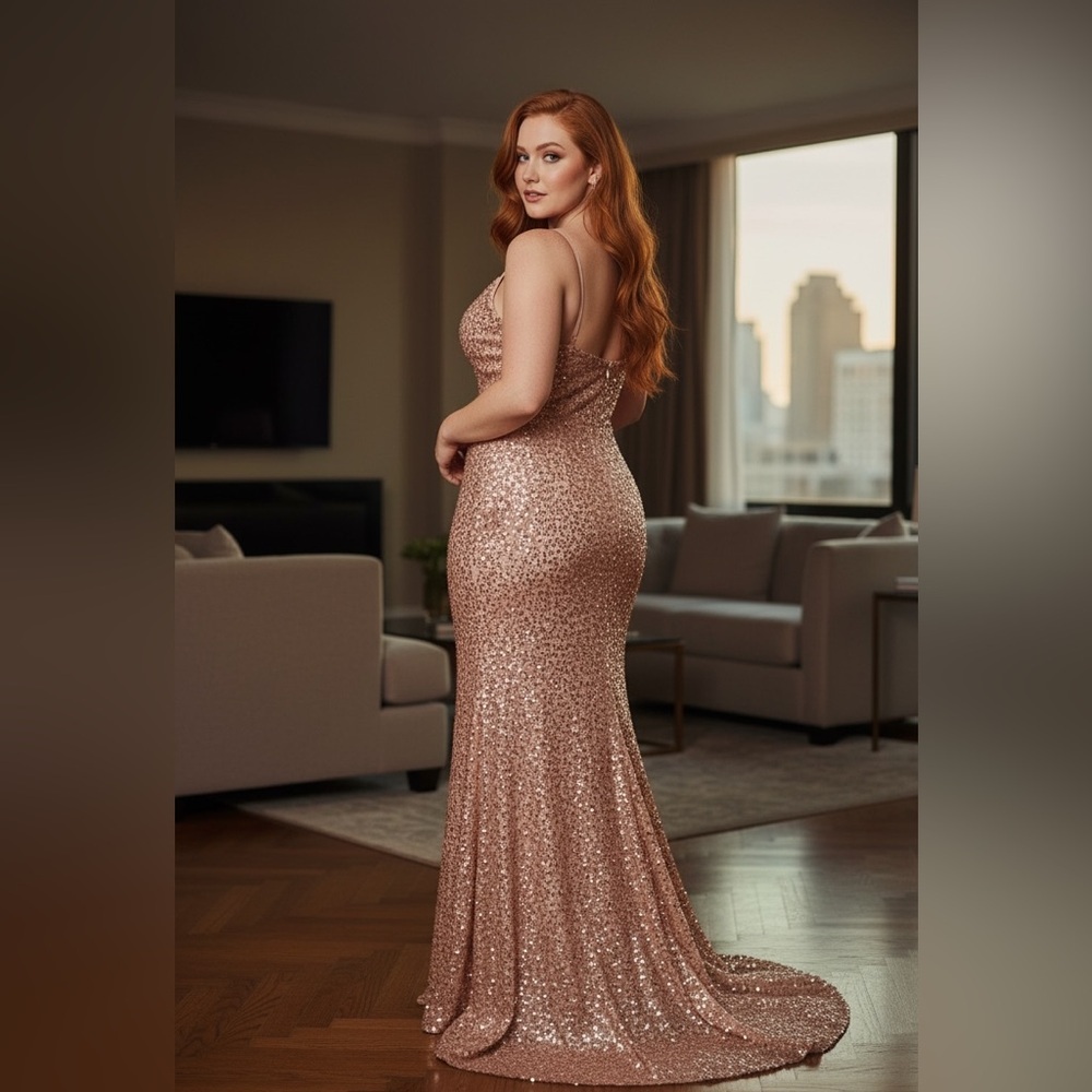 Plus Size Prom Dress Glamorous Rose Gold Sequin 3X Stretch - Picture 3 of 11